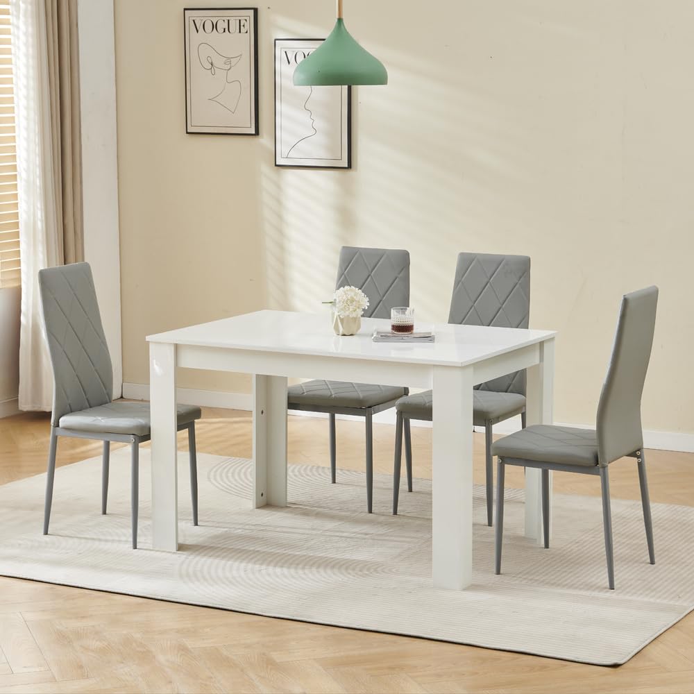Menaka Wood Dining Table and Chairs Set of 4, Small Rectangular Kitchen Dinner Table with 4 Seaters (argyle grid grey leather chairs, 120m high gloss white table, 4 seaters) โ image 1