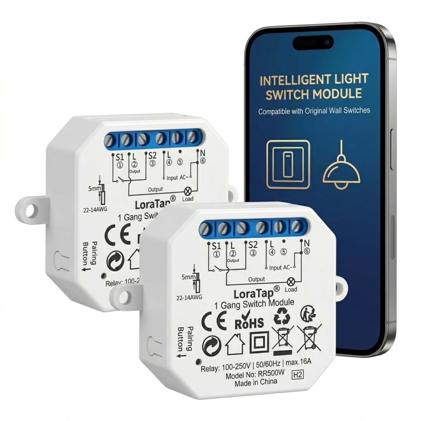 LoraTap Kit de 2 Interruptores Relé WiFi Inalámbricos, Conmutador Paralelo, Receptor de 2300W 10A, Interruptor Inteligente, Control a Distancia por Móvil, Compatible con Alexa y Google Assistant