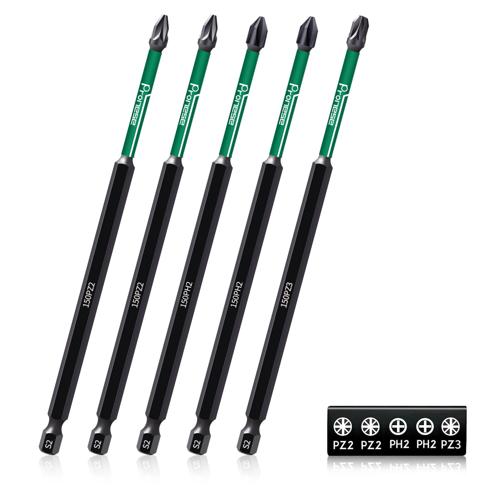 Pronese 5 pcs 150 mm PZ2 & PH2 & PZ3 Magnetic Impact Driver Bits, Long S2 Steel Magnetic Drill Bits, Black and Green, (2*PZ2