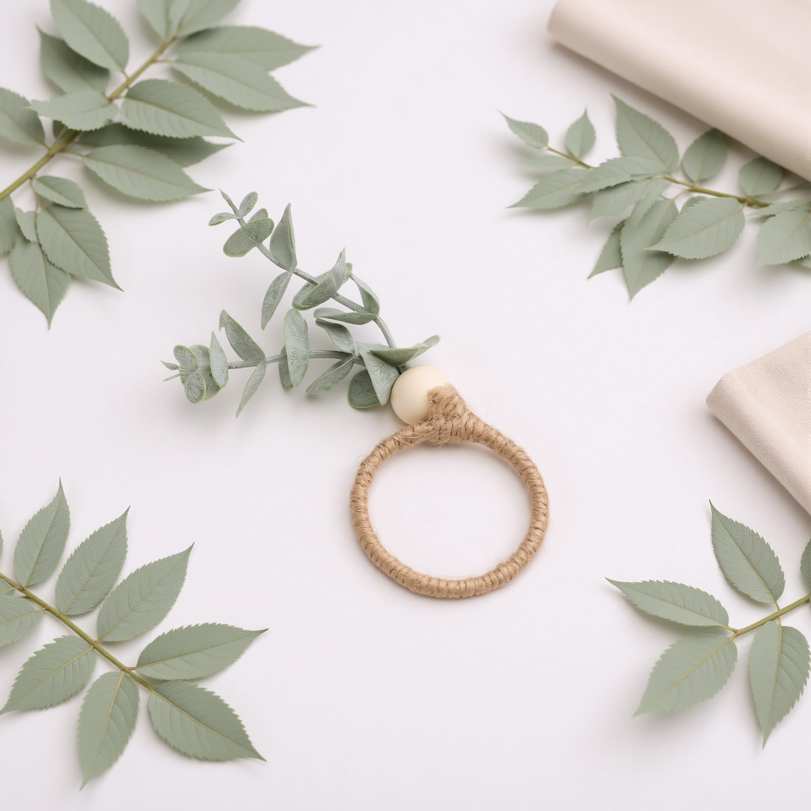 Cocoarm Portatovaglioli a Foglia Verde, 12 Portatovaglioli con Perline di Legno con Verde Artificiale e Base in Lino, Design a Tre Strati da 4,5 X 1,8 Pollici per Matrimoni, Feste, Tavoli in