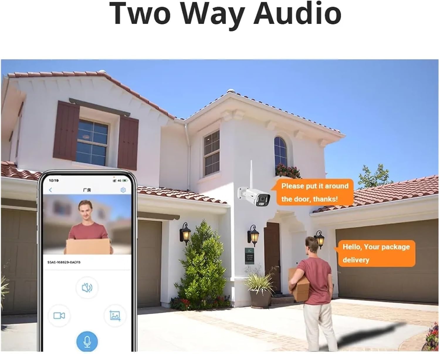 FJZKTEG 5MP IP Security Camera demonstrating two-way audio communication with a person at the door and a smartphone app.
