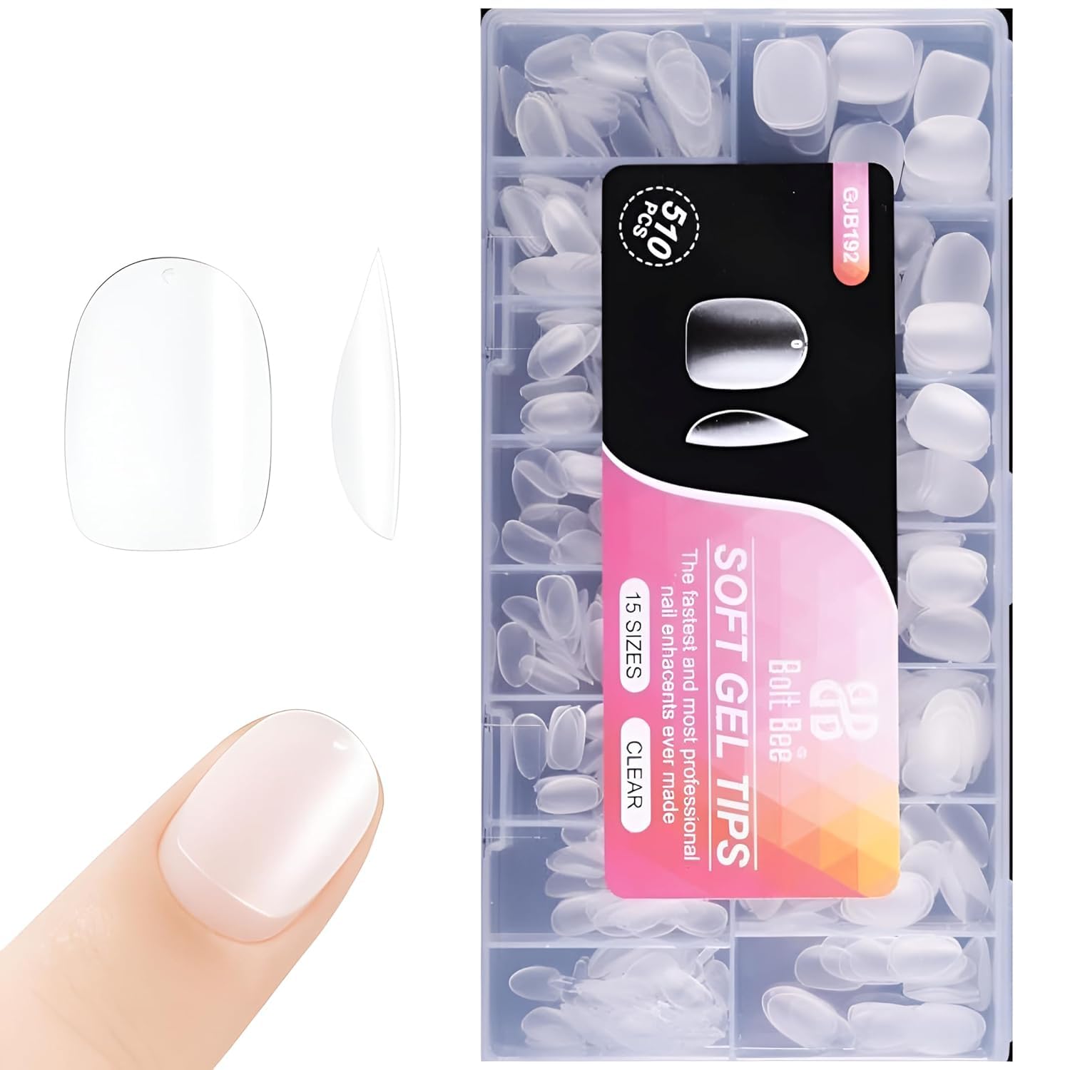 Bolt Bee Soft Gel Nail Tips (510 Pcs) Short Almond, Full Matte Transparent, Pre-Buffed, 15 Sizes, Full Cover Extensions for Nail Art and Salons Manicure (Short Almond)-image-2