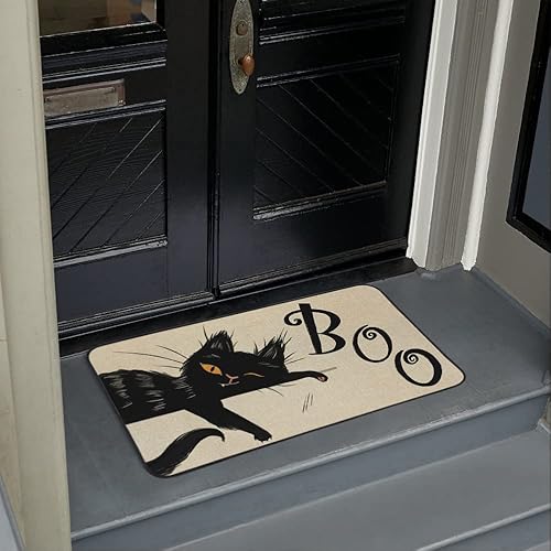 Miniatura 6 de Tapete decorativo de bienvenida de gato negro de Halloween, 17 x 29 pulgadas, antideslizante y lavable, tapete de goma trasera de goma para