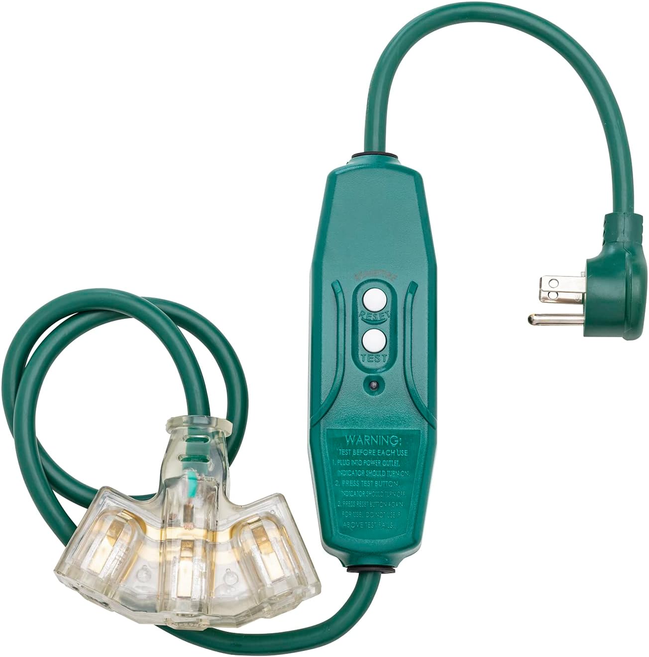 Tower Manufacturing 30376117 Rainproof Triple Tap in-Line GFCI 13 Amp Auto-Reset Right Angle Plug GFI Adapter Green