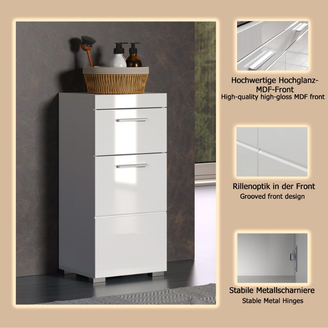 trendteam smart living - Amanda - Kommode - Weiß Hochglanz - Standschrank - (BxHxT) 37 x 79 x 31 cm - Badschrank mit 1 Tür und 1 Schublade - silberfarbene Griffe - universal einsetzbar - Kratzfest