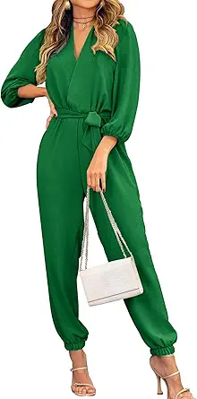 PRETTYGARDEN Women's Fall Jumpsuits Dressy Casual Pants Romper Spring Long Sleeve V Neck Belt Pockets One Piece Outfits