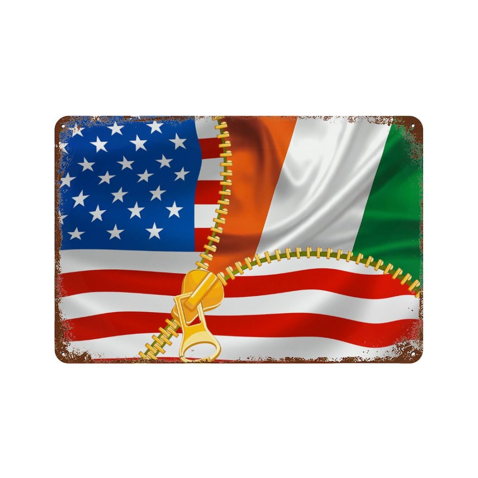 KWQDOZF America Flag And Irish Flag Theme Metal Tin Sign,Vintage Iron Hanging Plate Horizontal with Rust Poster Wall Decor 8x12inch