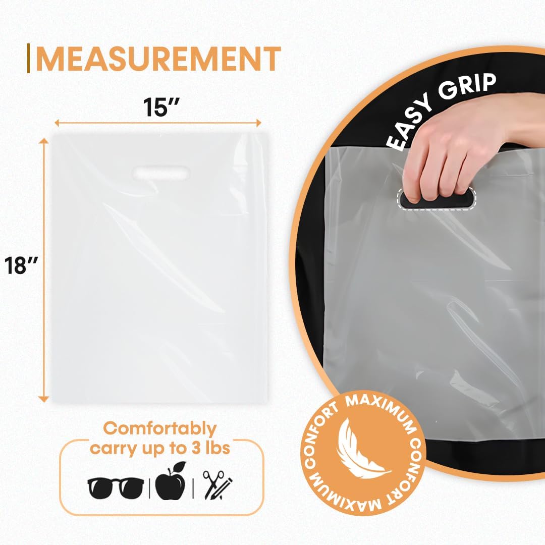 Merchandise Bags, Die Cut Handles, Strong, Durable, and Tear Resistant Bags Perfect for Retail, Boutiques, or Any Events, Different sizes and colors (Clear, 15x18 Inch (Pack of 100)) - Image 2