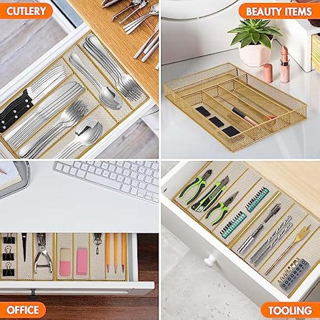 Kitware Silverware drawer organizer, Gold Kitchen Utensil Mesh Metal, Living Room Bedroom Beauty Item Dividers