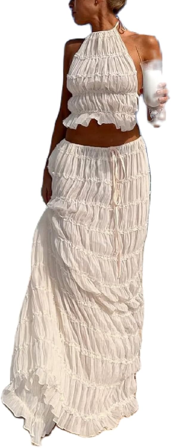 Women Y2K Skirt Set Outfits Strapless Crop Top Bodycon Midi Skirt Dress Sexy 2 Piece Knit Outfits Skirt Summer - Image 2