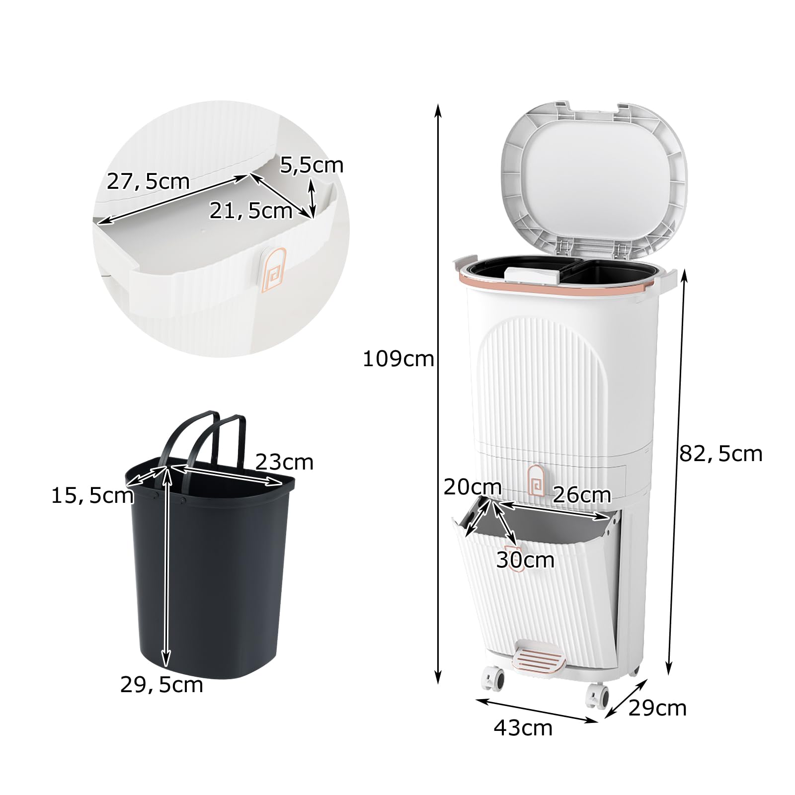 LIFEZEAL 38L / 42L Cubo de basura con ruedas, papelera con 3 compartimentos y tapa, cubo de basura con pedal y asa, contenedor de basura para cocina, sala de estar y oficina (42L, Blanco)