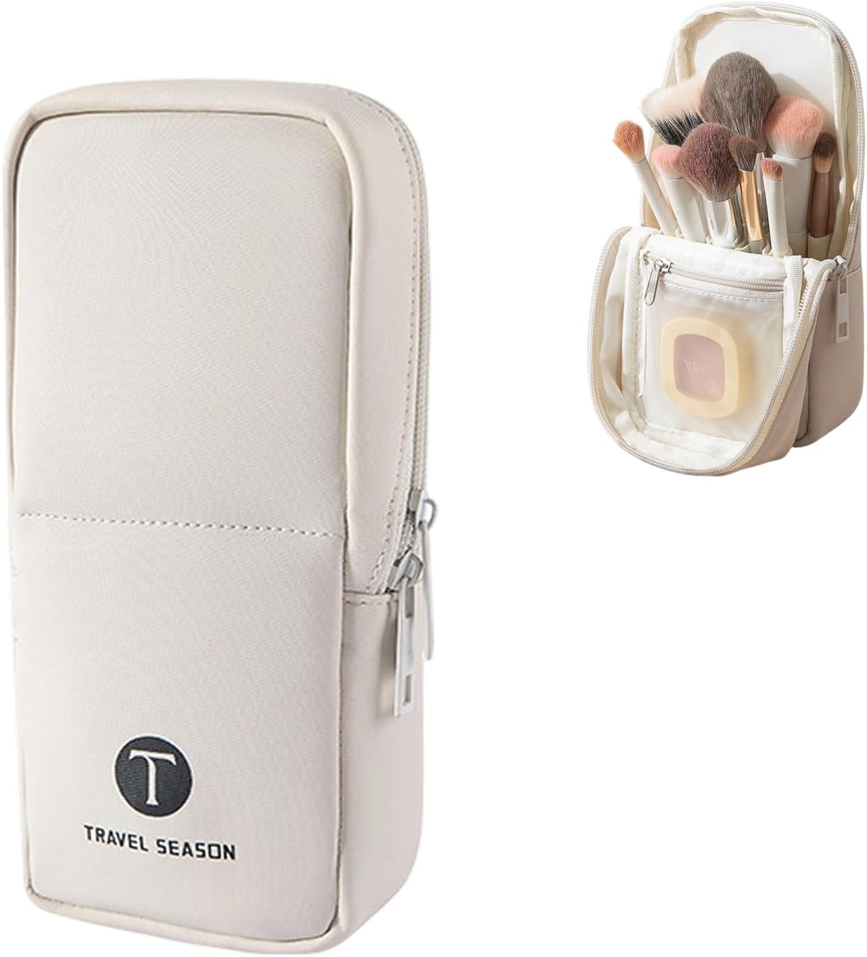 Standing Travel Makeup Bag, Small Fold-Down Makeup Brush Organizer (Beige)
