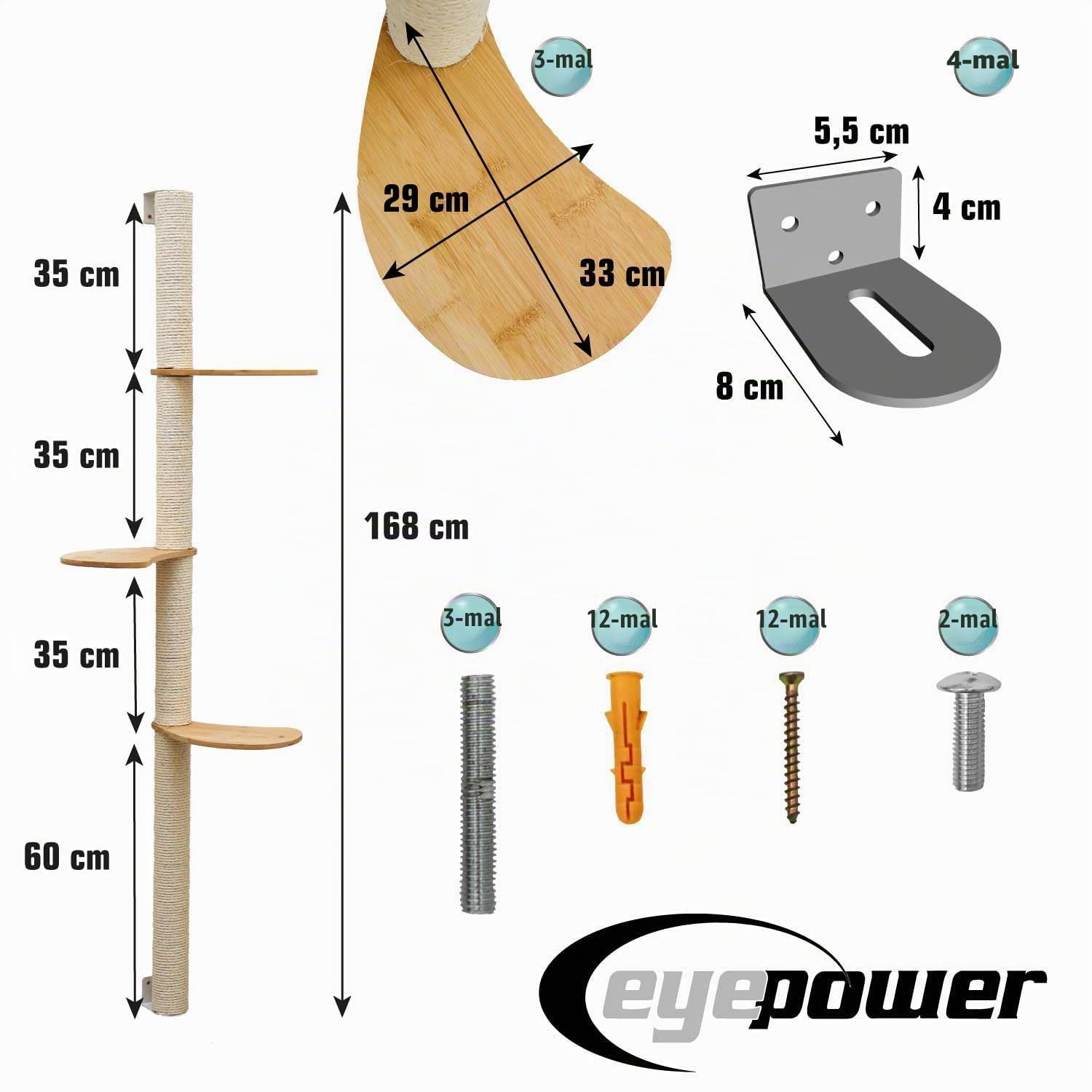 eyepower 170 cm Wandkratzbaum Luna mit 3 Plateaus zum Klettern - Kratzbaum Groß für Katzen - Kletterbaum mit Wandhalterung - Katzenbaum zur Wandmontage - Kletterwand Katze Kratzstamm Kratzsäule Wand