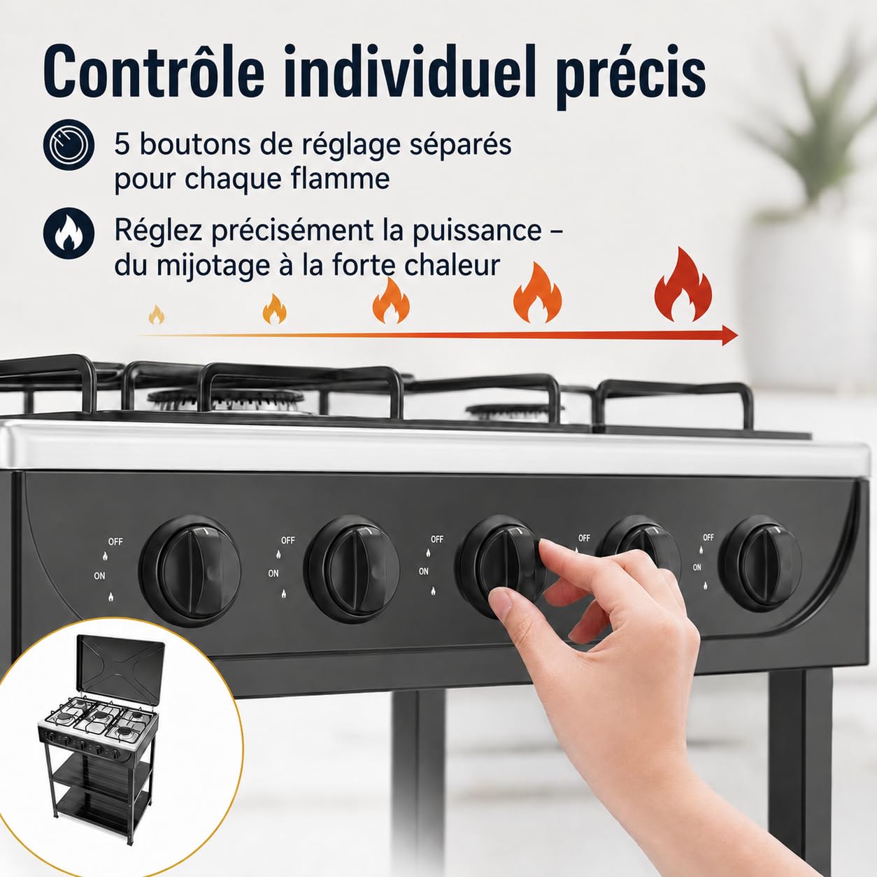 Plaque de cuisson à gaz 5 flammes, 2,5 kW, portable, pour le camping et la maison