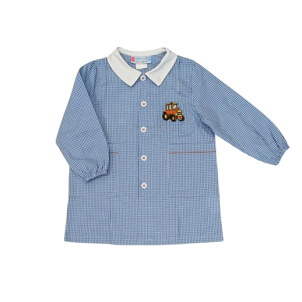 Andy&Giò Grembiule per asilo da bambino a quadretti bianco/azzurro con ricamo trattore