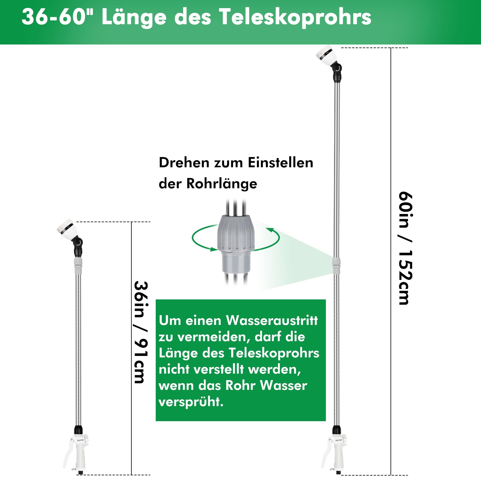 RESTMO Baguette d'arrosage en métal de 91 à 152 cm, long tube télescopique | Tête à cliquet réglable à 180° | 7 modes de pulvérisation | Contrôle du débit | Pulvérisateur de tuyau d'arrosage pour les