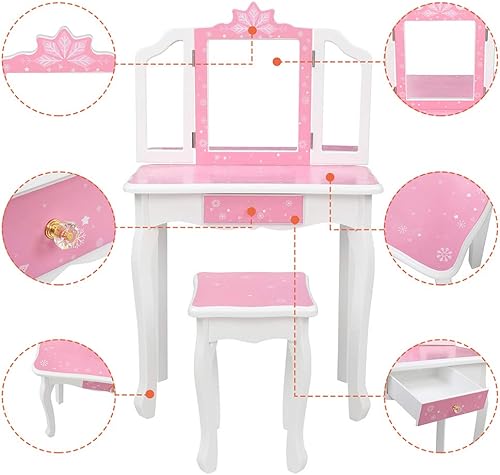 Miniatura 3 de Juego de tocador con espejo y taburete para niñas, tocador de maquillaje con cajón, mesa de tocador de princesa para niñas (estilo copo de nieve