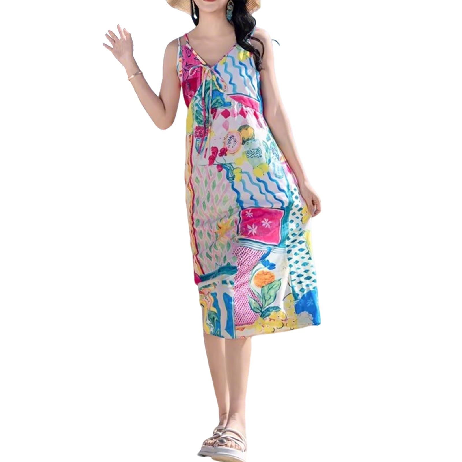 Abito da Vacanza con Spalline A Stampa Colorata, Abito da Spiaggia Estivo da Donna con Scollo A V, Spalline con Fiocco