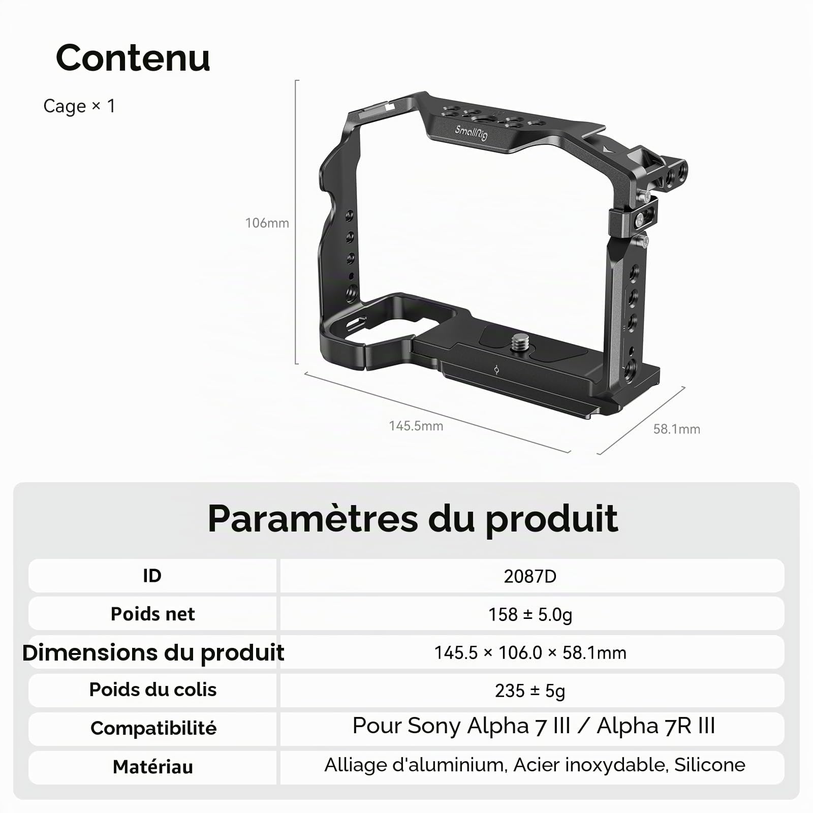 (Nouvelle Version) SMALLRIG Cage pour Sony A7 III / A7R III, Cage en Alliage d'Aluminium avec Plaque de Dégagement Rapide pour Arca, Cold Shoe Intégrée, Rail NATO et Trous Filetés - 2087D