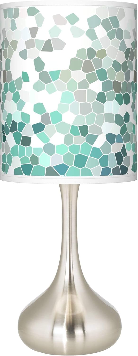 Modern Accent Table Lamp 23.5" High Brushed Steel Droplet Aqua Mosaic Print Cylinder Shade for Living Room Family Bedroom Office