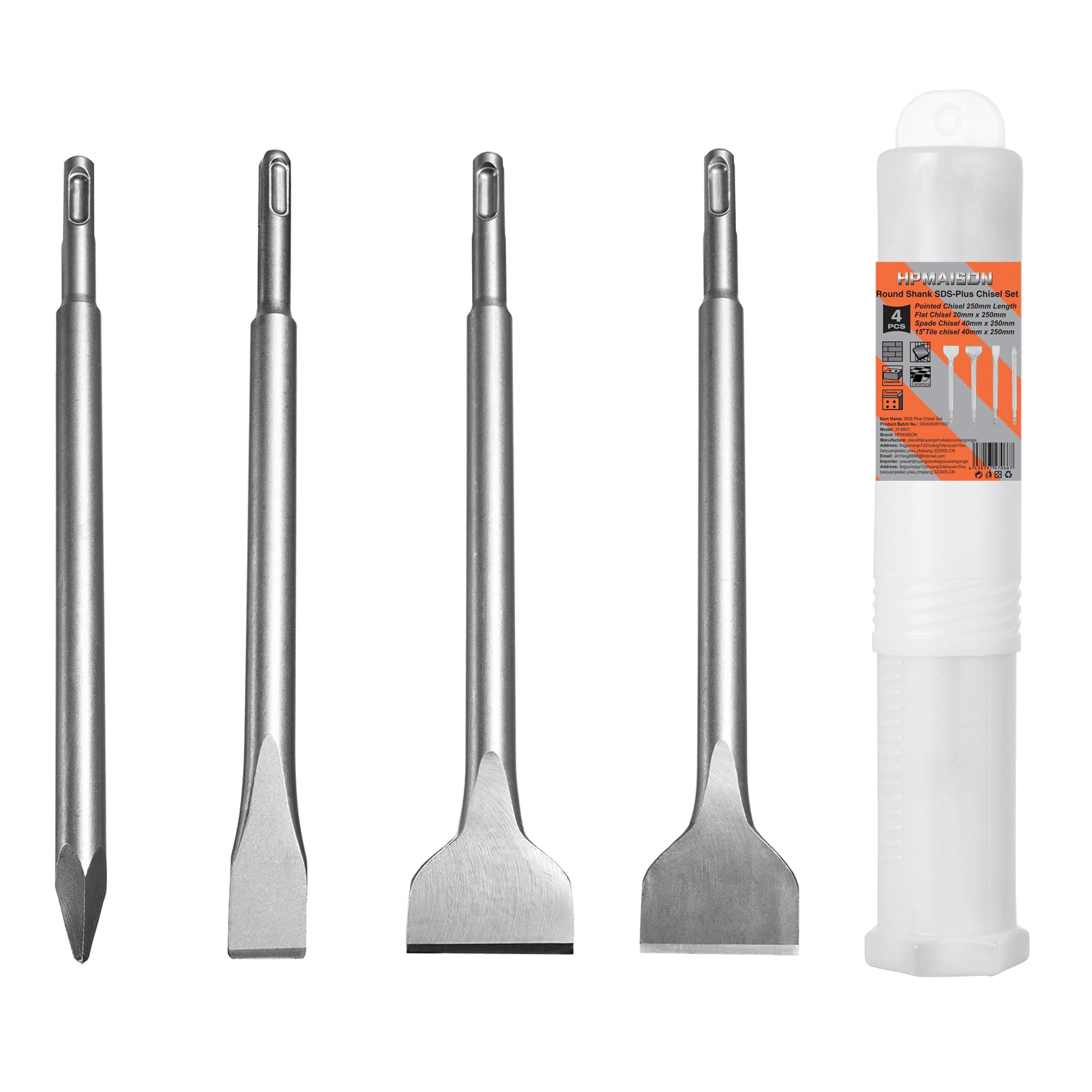 HPMAISON SDS Plus Meißel Set, 4 tlg SDS Plus Hammer Meißel Set, mit Fliesenmeißel - Stein- u. Beton-Meißel Satz - verpackt in einer praktischen Drehbox