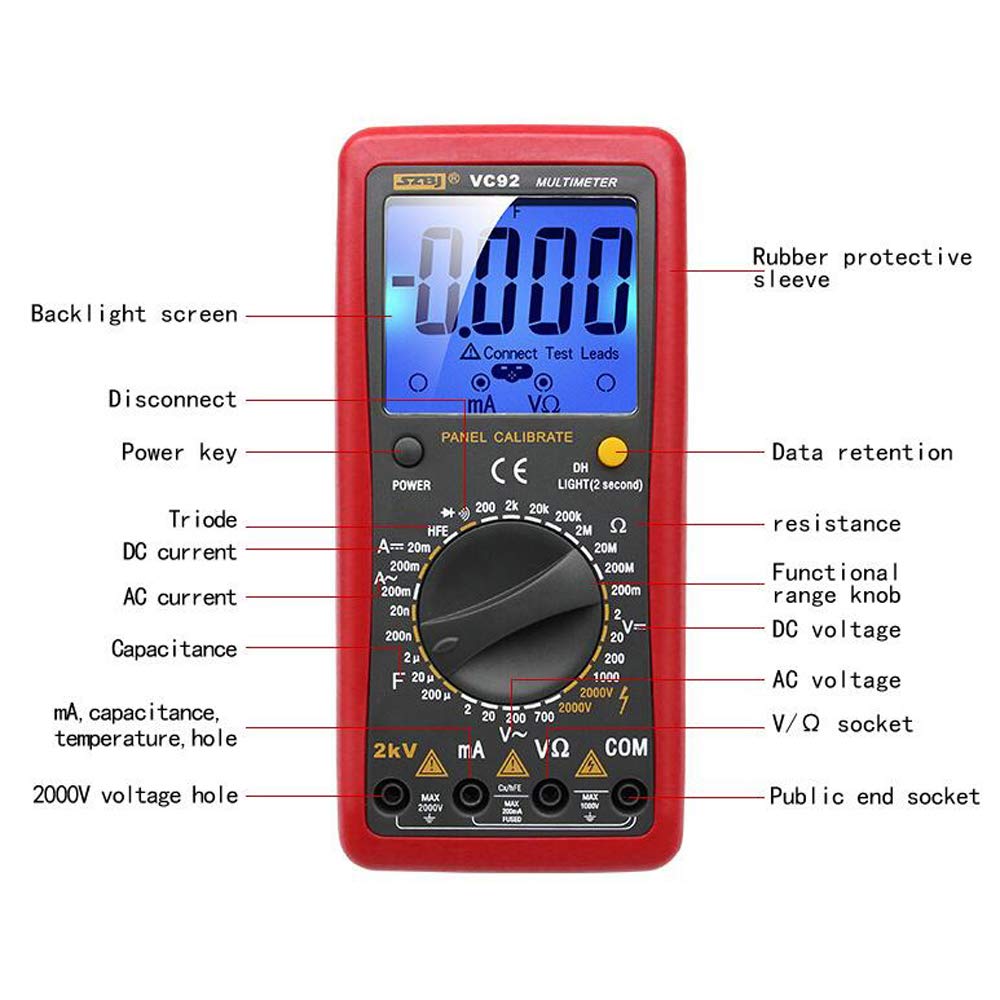 VC92 Digital Large Screen Multimeter to Measure Interphase Voltage 2000V AC and DC Voltage to Measure 2KV High Voltage