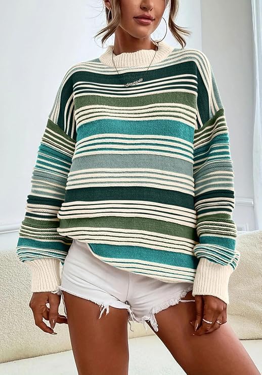 Womens Contrast Striped Pullover Sweaters Crewneck Long Sleeve Loose Colorblock Knit Jumper Casual Oversized Fall Tops - Image 2