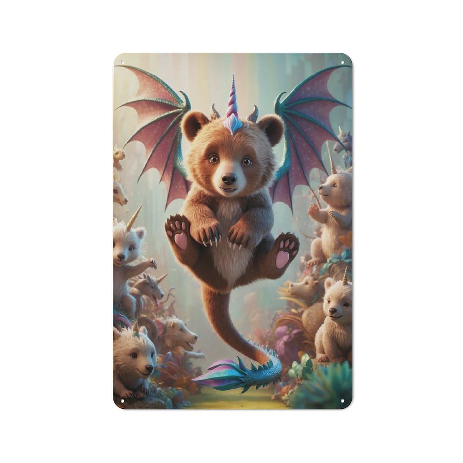 Junmoney Hybrid Unicorn Bear Cub With Dragon Wings Understated Office Metal Sign 30X20cm Featuring Study Room Decor For Home Office, Reading Corner Or Bedroom
