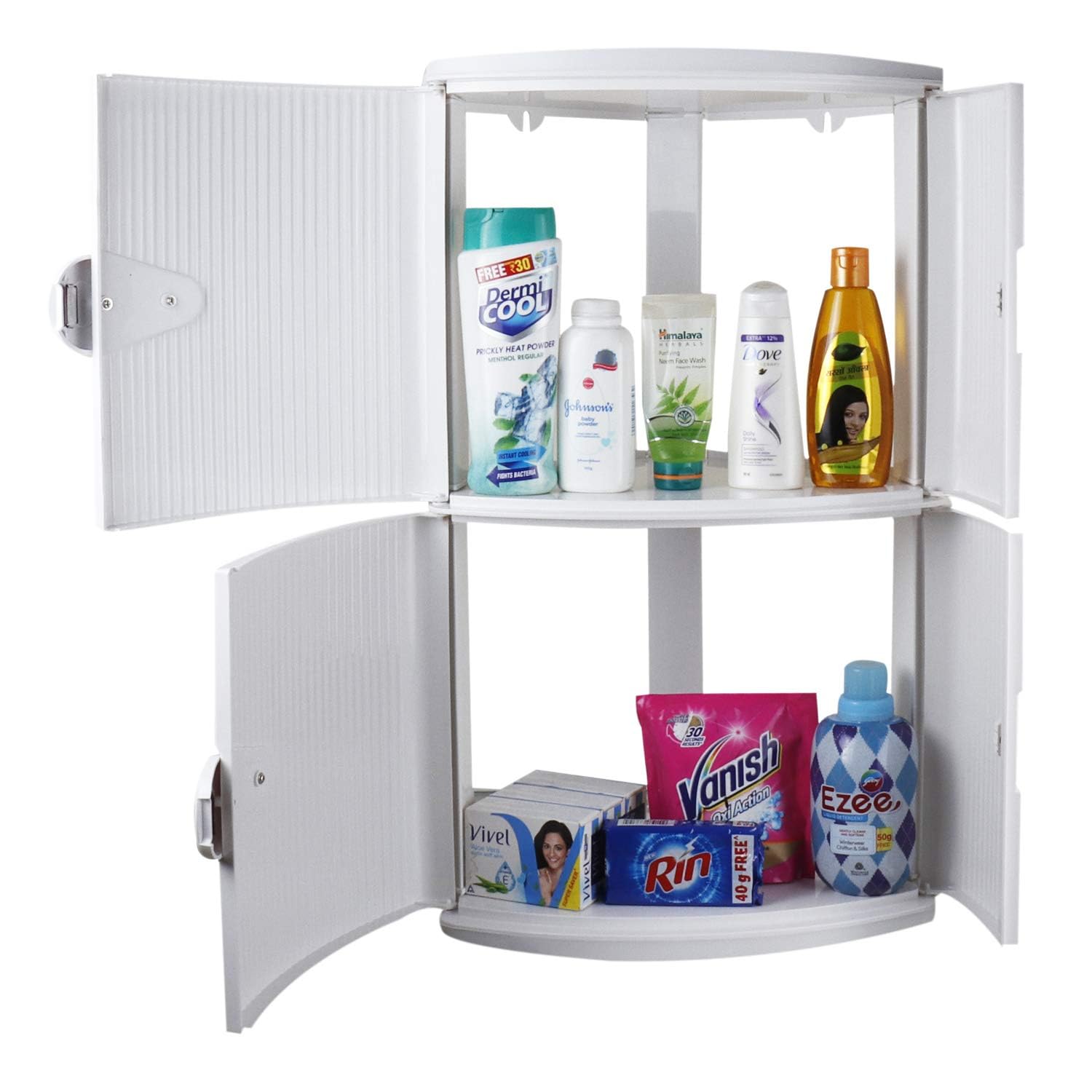 SHAWL Corner Bathroom Cabinet, 2-Tier Wall Mount Storage Organiser with Doors, White-image-35