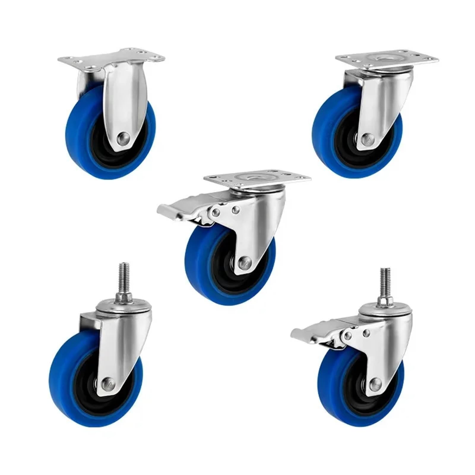 1/4 Pezzi 3 "/4"/5 "Ruote in Acciaio Inossidabile 304 Blu Medio TPR Doppio Albero in Gomma Ruota Silenziosa Universale 300KG(Brake,4 Inch 1pc)
