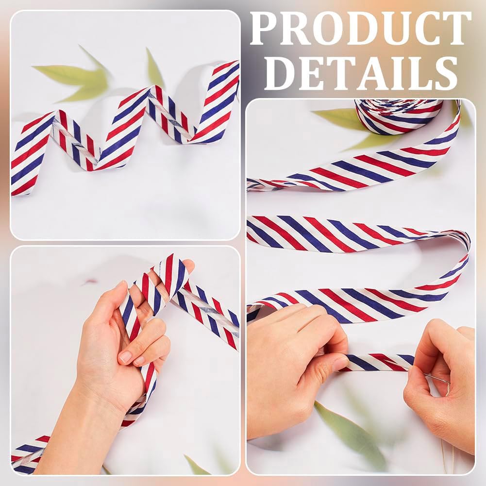 MAYJOYDIY Schrägband mit Streifen, 3 Farben, 2,5 cm, rot, weiß, blau, Saumband, Polyester-Twill, gestreiftes Paspelband für DIY, Kleidung, Nähen, Nähen, Paspeln, Quilten, 9 m