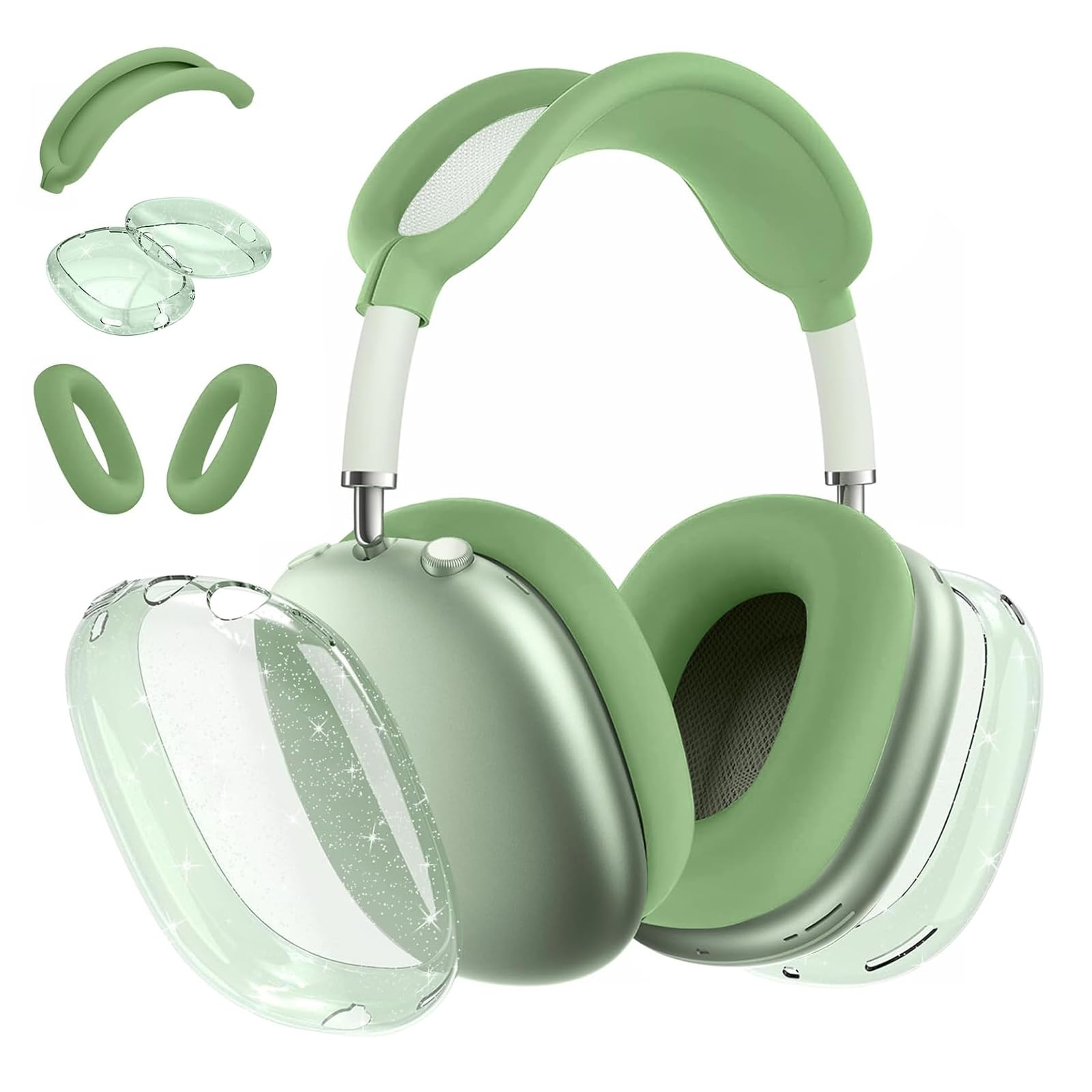 Aircawin for AirPods Max Case Clear Green Glitter,3 in 1 Clear Soft TPU Ear Cups Case Cover/Ear Pad Protector/Headband Skin for Airpods Max Case Cover