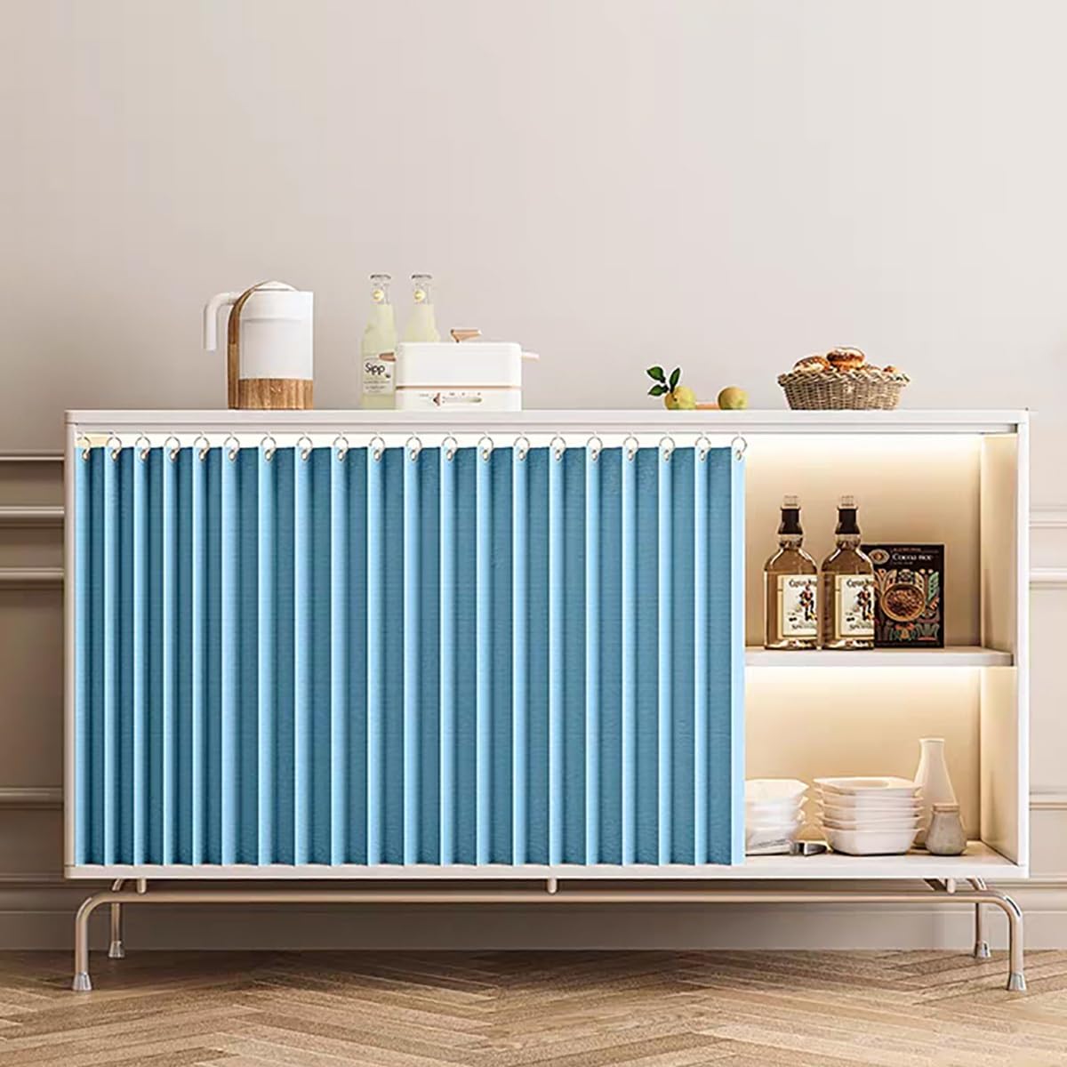 Organizador impermeable para debajo del fregadero, tela con aspecto de lino azul, 50 x 90 cm, ideal para almacenamiento de armario y decoración del hogar, solución elegante y funcional