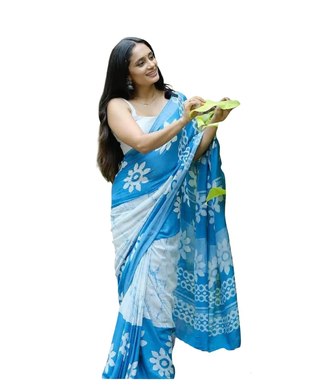Printed Saree with border/Ethnic wear (Blue & white)