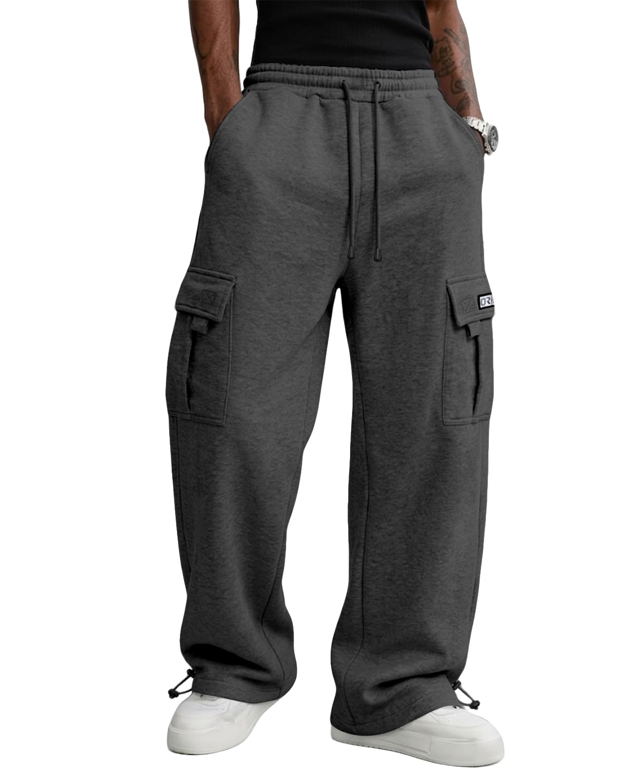 Mens Cargo Sweatpants Fleece Loose Casual Jogging Hiking Pants Open Bottom Sweatpants for Men Athletic Workout with Pockets