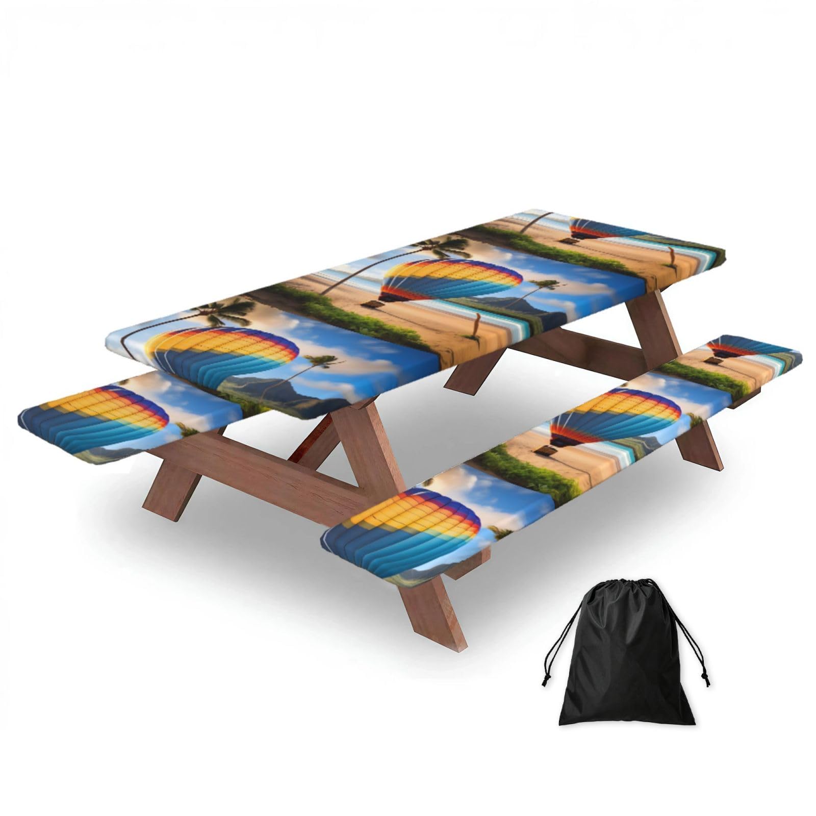 Hhbiuuo Black 72In Camping Table Cover & Bench Covers 3-Pack Set, Hawaii Hot Air Balloon Print Tablecloths, For Rectangle Tables Picnic