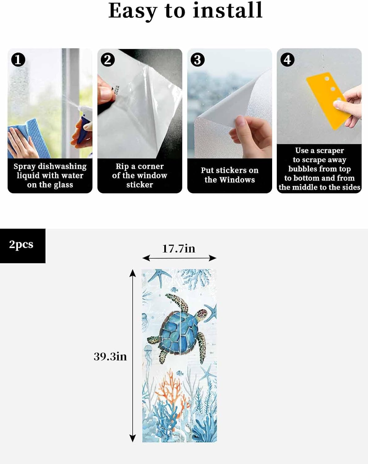 Sea Turtle Blue Stained Glass Window Film - Decorative Privacy Film Static Window Cling for Glass Door - 35.4"x78.7"