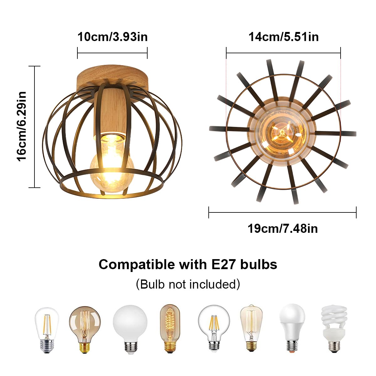 Lámpara de Techo Vintage E27 Portalámparas Colgante Jaula Metal Base Madera