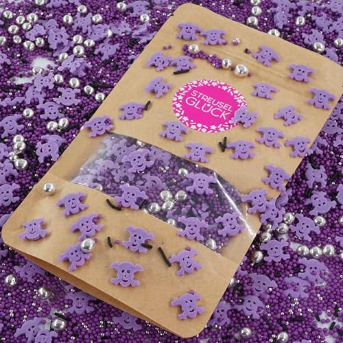 Streusel Glück Halloween Gruselglitzer lila schwarz silber 40g Halloweenstreusel Totenköpfe | essbare Tortendeko | Zuckerstreusel Plätzchendeko Plätzchen Kekse verzieren | Sprinkles