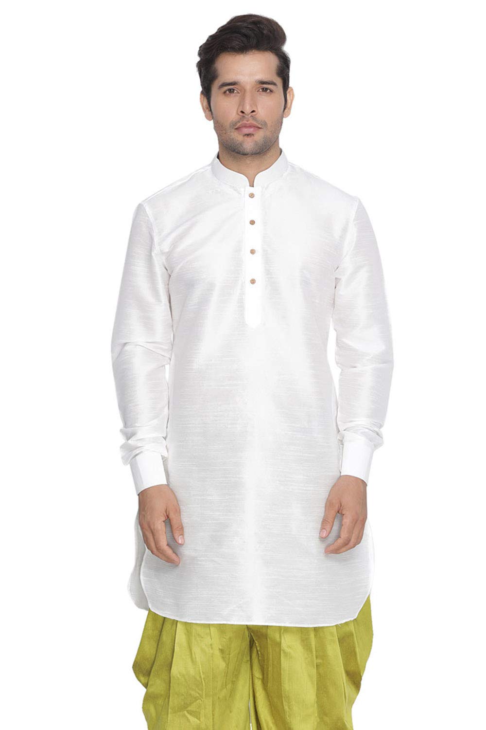 VASTRAMAYVastramay Men’s Gold Curved Shape Pathani Style Silk Cotton Kurta – Mid-Length with Buttoned Cuff, Soft & Comfortable Ethnic Wear