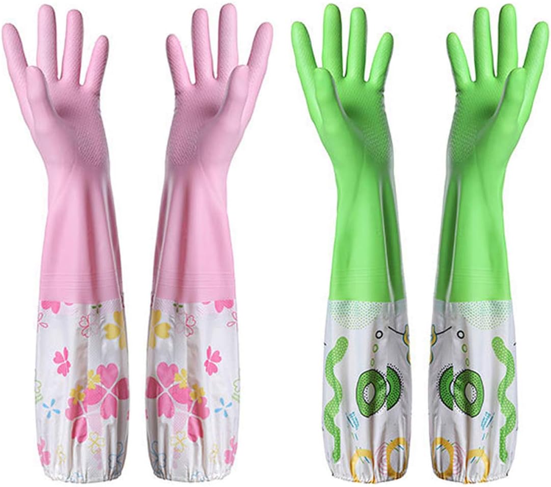 Cotton-Lined Plastic Rubber Gloves - Reusable Extra Long Glove for Dishwashing Dish Cleaning Wash Dishes - 2-Pairs - Pink and Green