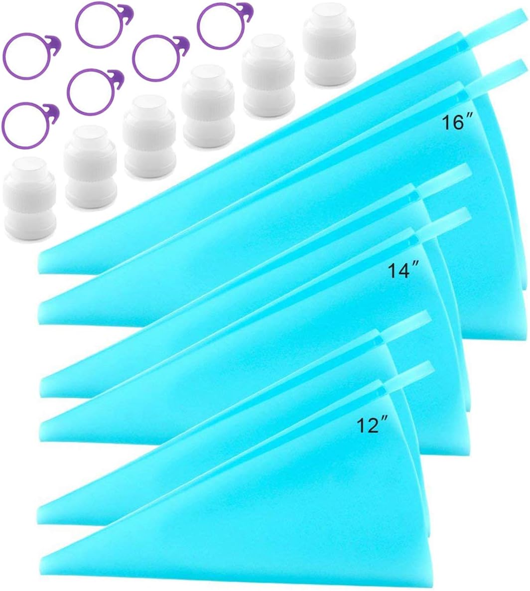 Piping Bags, Icing Bags, Pastry Bags,3 Sizes Cake Decorating Bags Tips Tools(12” +14”+16”)- 6 Pack, Silicone Piping Frosting Bags Bonus 6 Icing Couplers and 6 Icing Bags Ties Fit to Standard Size Tips
