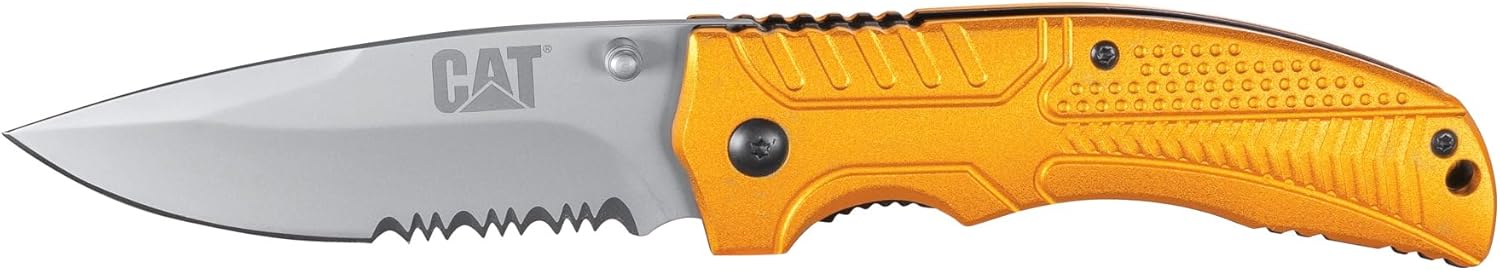 CAT Drop Point Folding Knife, 7Cr17MoV Stainless Steel Blade, Gold Aluminum Handle, Liner-Lock, EDC Outdoor Camping Knife