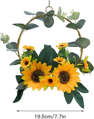Miniatura 2 de CAREG Artifical Flowers Wall Hanging Wreath Simulation Sunflower Decoration Home Decor Metal Ring Round Wrought Iron Garland Durable