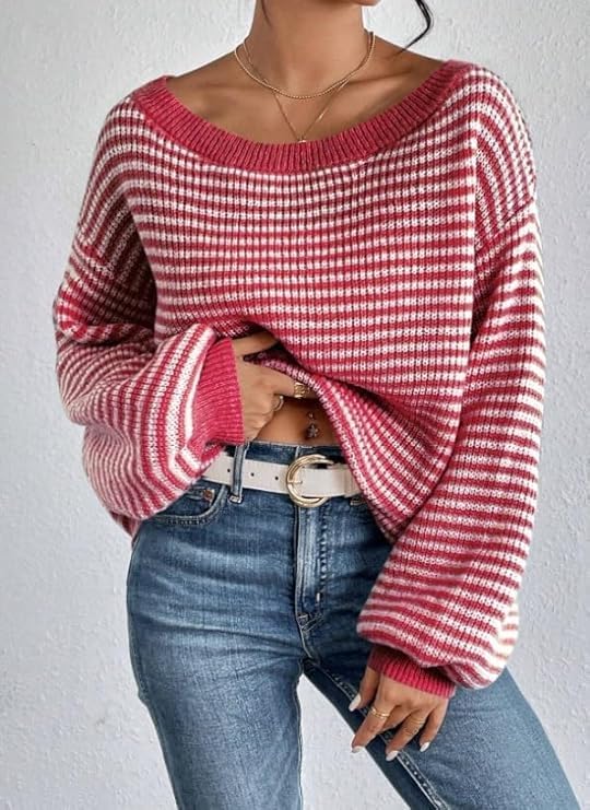 Women's Oversized Striped Sweater Casual Off The Shoulder Sweater Fall Long Sleeve Loose Knit Pullover Jumper Tops - Image 2