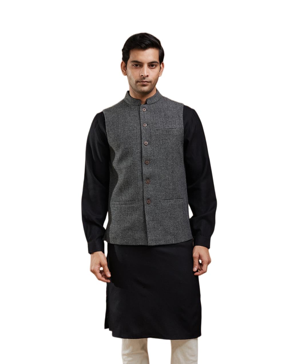 Men Wool Charcoal Textured Mandarin Collar Sleeveless Everyday Comfort Fit Nehru Jacket-image-3