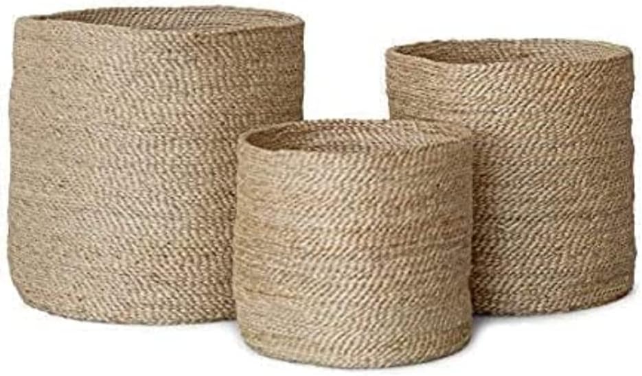 Bhuvan Handloom Jute Planter Pots/Storage Basket with Handle, Multi-Purpose use for Bathroom Living Room 10x12 (Bhuvan_15) 3 Combo Pack