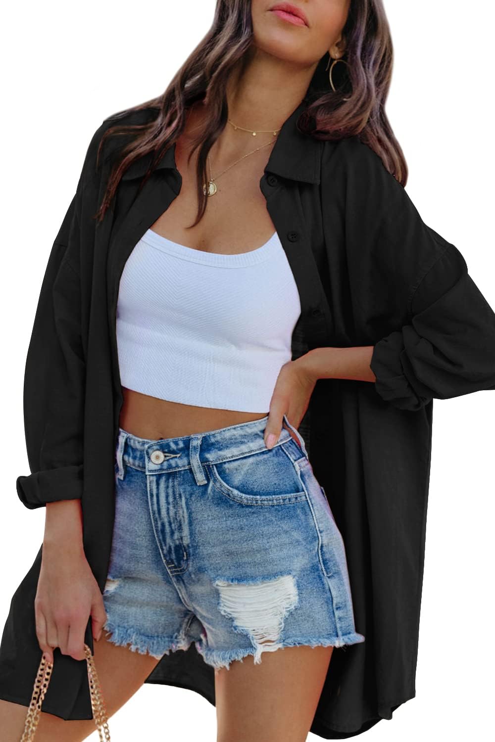 FSHAOES Womens Oversized Button Down Shirts Casual Loose Long Sleeve Solid Lapel Long Blouses Tops with Pockets - Image 2