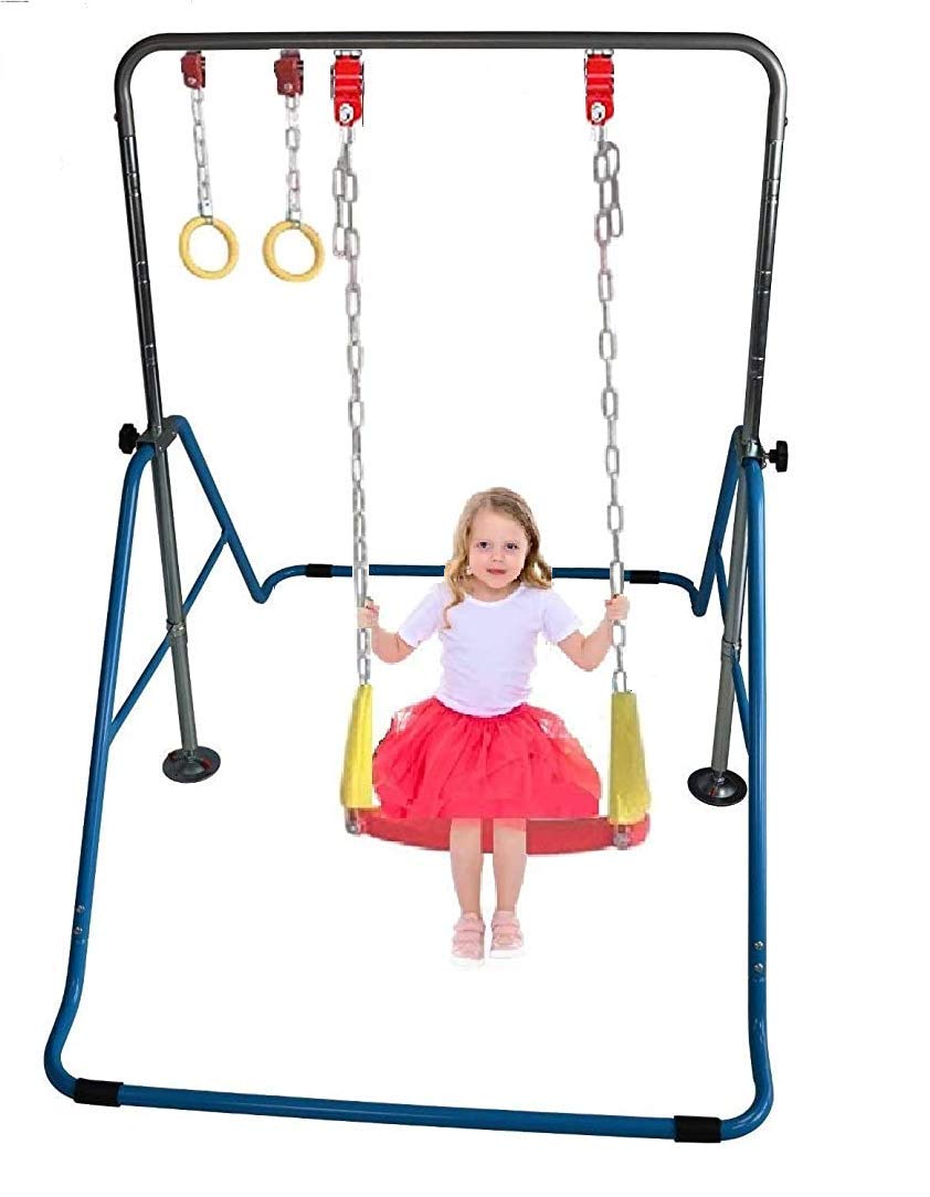 Gymnastics Bar for Kids Home Jungle Gym 3 in 1 Set Deluxe Swing Seat, Trapeze Rings, Horizontal Kip Bar Height Adjustable Monkey Bar, Expandable Junior Training Gymnastic Balance Bar, Swing Set (Blue)