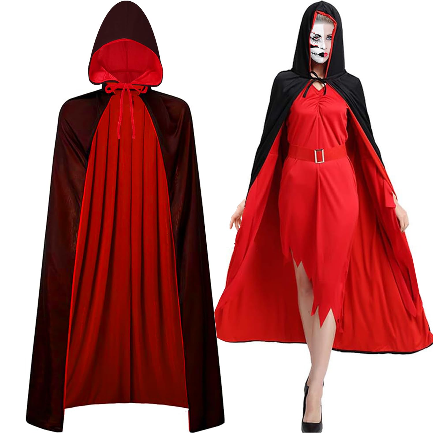 Mezeic Halloween Costume, Hooded Vampire Cape for Adult Men Women Reversible Black Red Cloak Cape Masquerade Cosplay Witch Costume